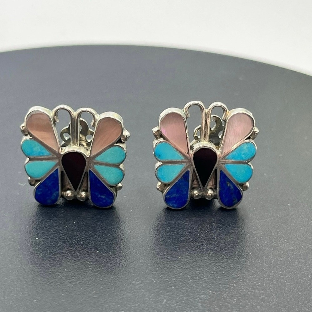 Zuni‎ Sterling Silver Multi-Stone Turquoise Inlay Butterfly Clip on Earrings